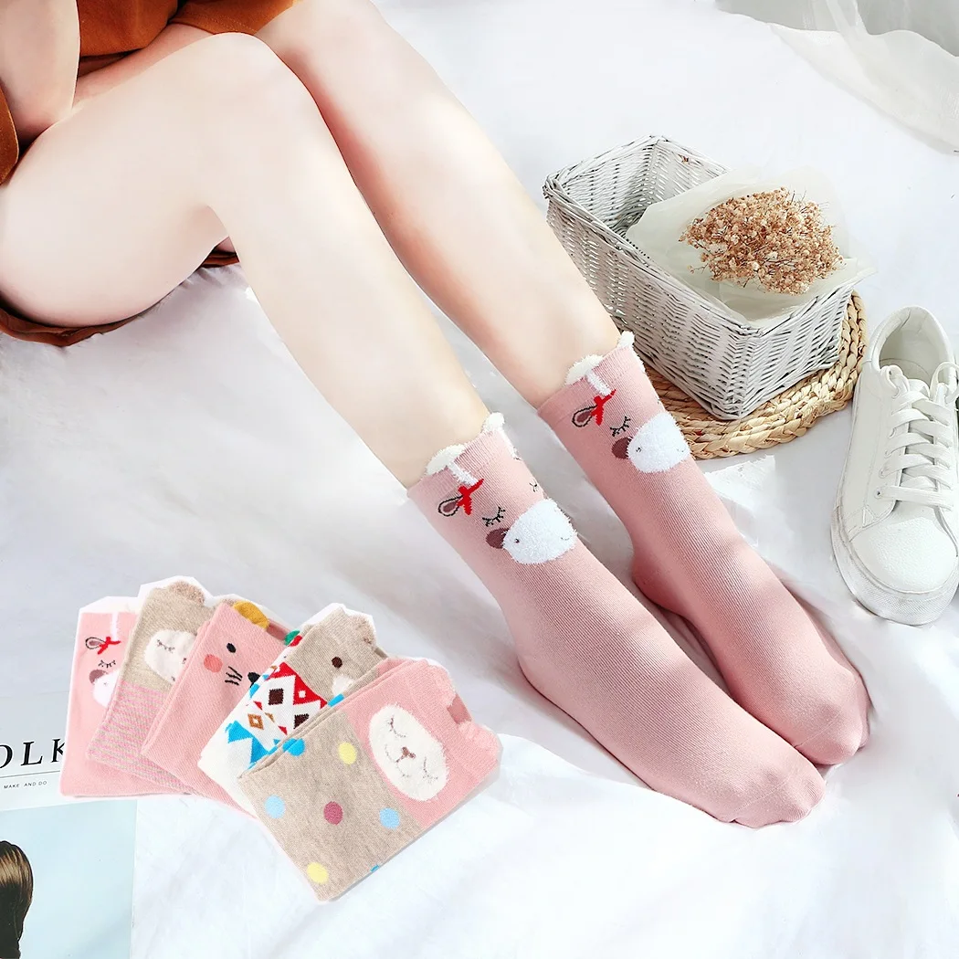 Хлопковые женские японские носки средней длины с объемными ушками героями
