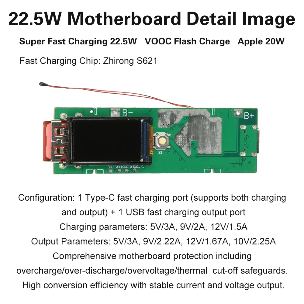 Модуль сверхбыстрой зарядки Type-C USB 22,5 Вт, цветной TFT-экран, цифровой дисплей, комплект Power Bank «сделай сам», поддержка PDQCVOC, многопротокол (art.: 3920d28adeaf0) - 3920d28adeaf0