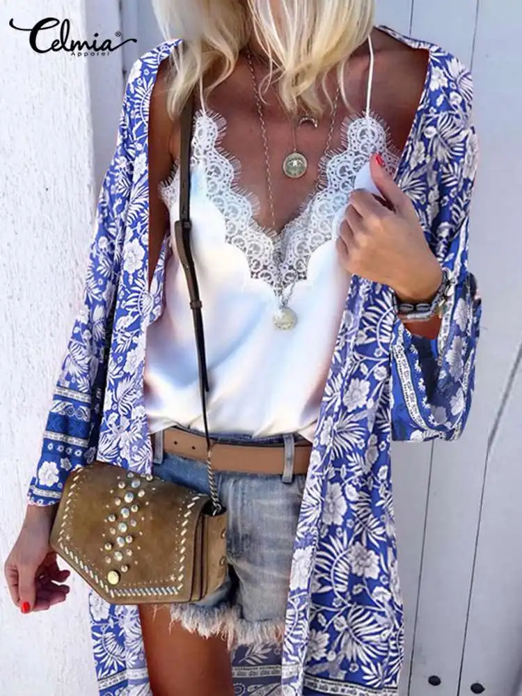 

Повседневная Свободная Пляжная накидка Celmia, праздничное модное легкое кимоно с цветочным принтом, лето 2022, богемные женские кардиганы, руба...