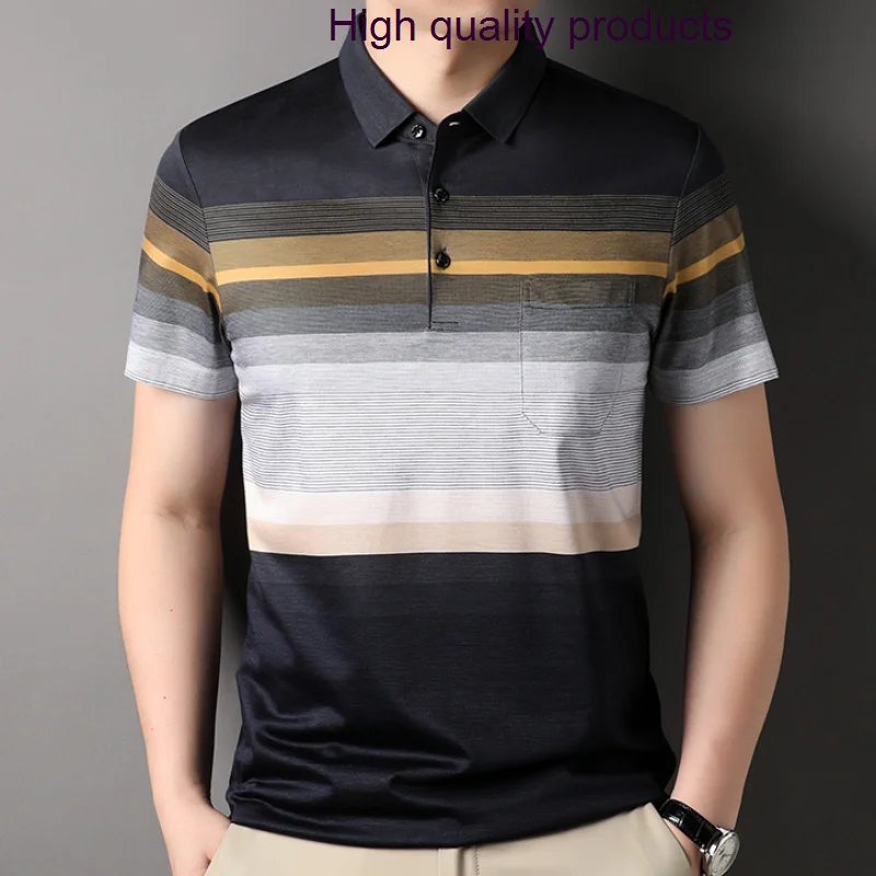 

Striped Golf Silk Men's Polo Shirts Luxury Short Sleeve Smart Casual Male T-shirts Fashion Summer Slim Man Tees 3XL