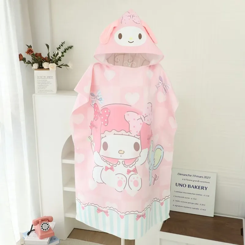 Фото Японское полотенце-пончо Sanrio My Melody с капюшоном, быстросохнущее, для девочек, пляжное полотенце, детский халат, банный халат для студентов, кавайное, новинка, хит продаж №3