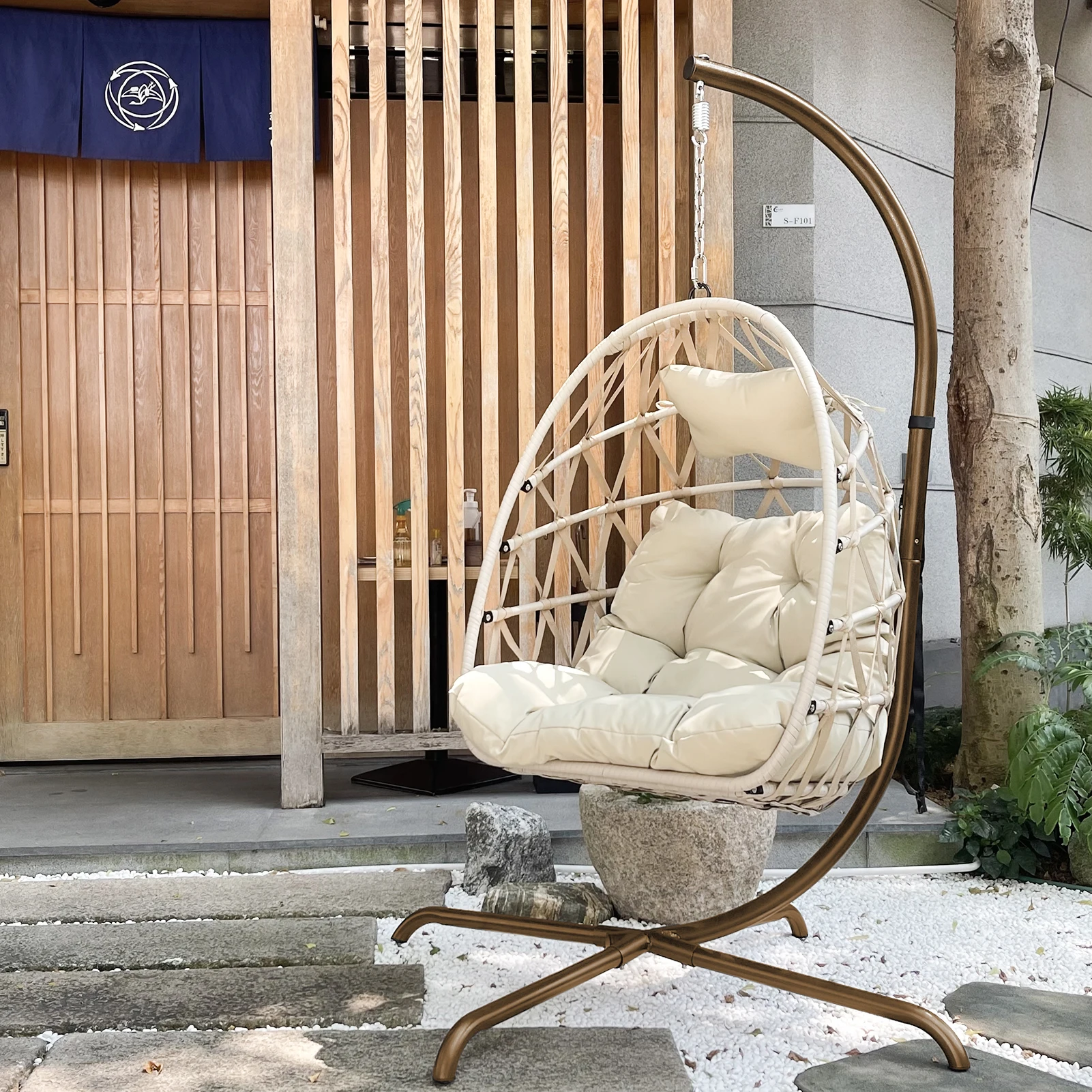 With Stand Indoor Outdoor Wicker Rattan Patio Basket Hanging Chair With C Type Bracket , With Cushion And Pillow