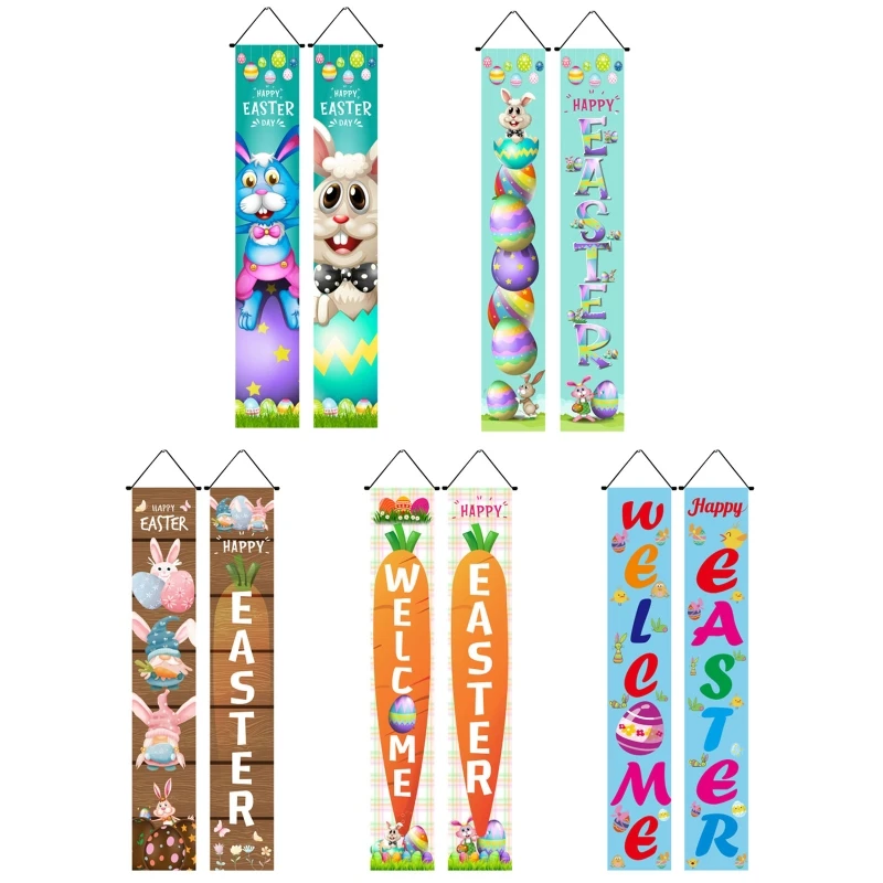 

Happy Easter Couplet 1 Pair Door Curtain Hanging Banner Bunny Egg Carrot Decor 2022 for Home Decor Springtime Party Front Door