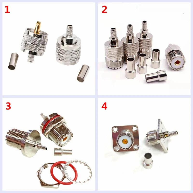 

1-10Pcs UHF PL259 SO239 Male Female Water Proof 4hole Flange Connector Crimp for RG58 LMR195 RG142 RG400 RG223 Coax Brass Copper