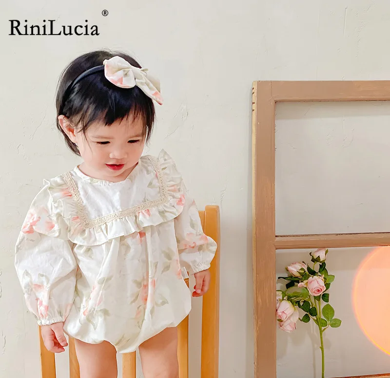 

RiniLucia 2022 Korean Girl's Ruffle Dress Princess Baby Floral Long Sleeve One-piece Dress Sisters Matching Wear Baby Rompers