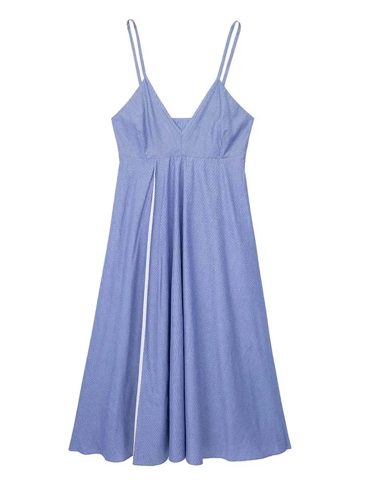 

2023 Summer Women Sexy Backless Striped Spaghetti Strap Midi Dress Elegant V Neck Sleeveless Dresses Casual Beach Party Vestidos