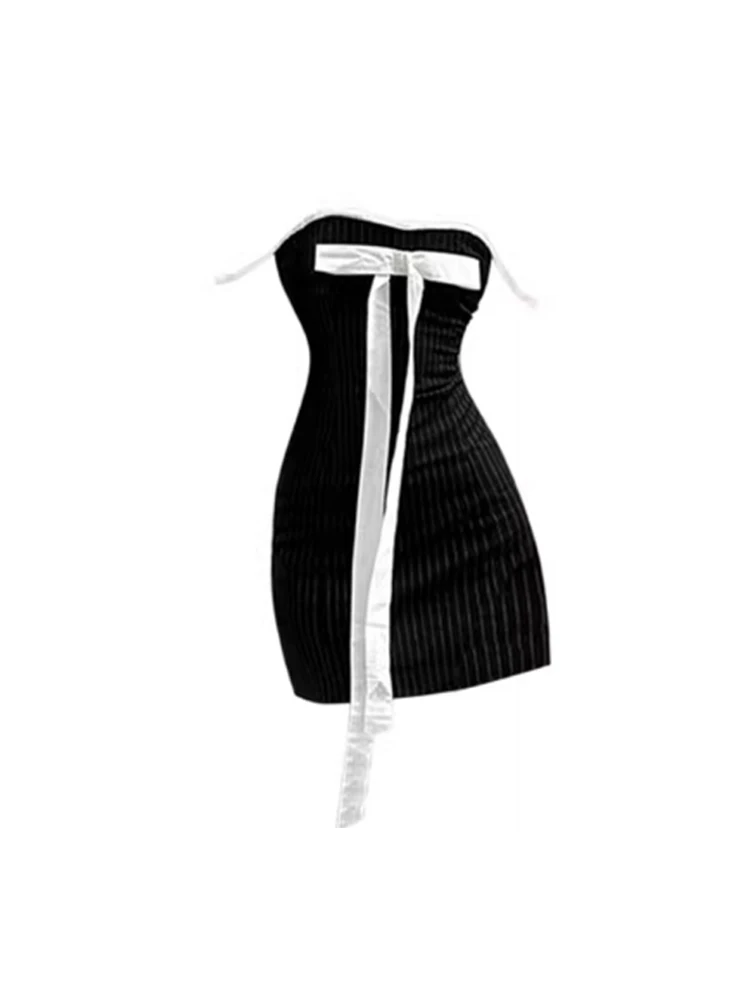 

Fashion Elegant Women Slash Neck Bow Lace Up Striped Fairy Dress Slim Low Chest Wrapped Luxury Prom Gown Streetwear Coquette