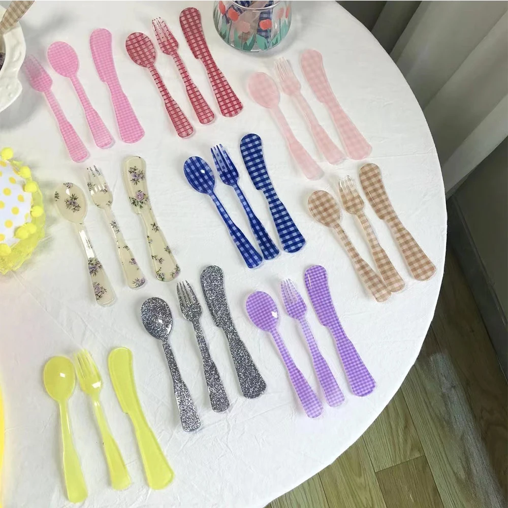 1Set French Style Retro Plaid Dessert Spoon Fork Knife Plastic Tea Coffee Mixing Spoon Vintage Flowers Teaspoons Dinnerware Sets