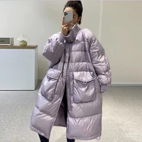 winter new womens korean style loose over the knee long warm thick parka coat bright face down jacket women loose snow coat