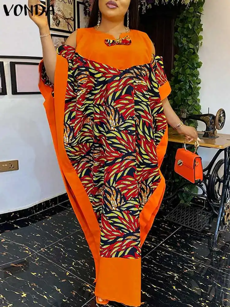 VONDA Long Dress Elegant Women Summer Maxi Satin Dress Casual Cold Shoulder Printed Split Bohemian Party Sundress Plus Size 5XL