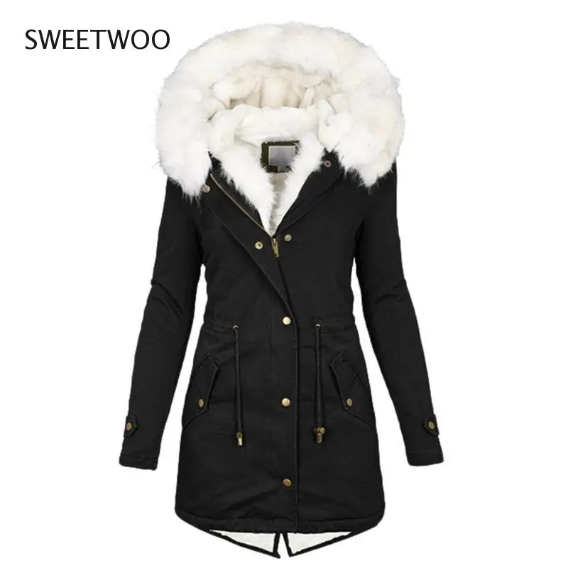 Winter Jacket Women 2021 White Fur Collar Fleece Mid-Length Cotton Hooded Warm Velvet Solid Color Fashion Coat Woman Jacket Tide