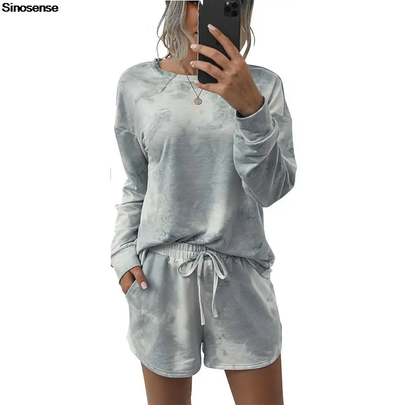 

Women 2 Piece Shorts Set Home Suits Sports Tracksuit Tie Dye Long Sleeve Top Shorts Lounge Wear Outfits Sweatsuits Jogger Sets