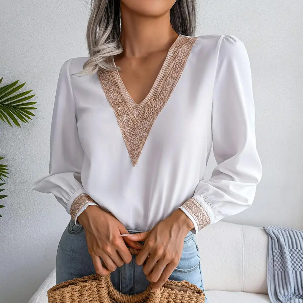 

V Neck Long Sleeves Wide Cuffs Chiffon Shirt Fashion Women Solid Color Lace Stitching Pullover Top Female Clothing Blusa Blouses