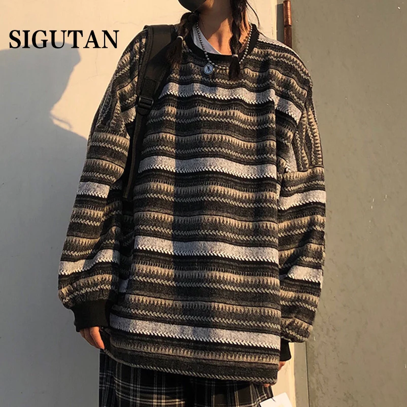 

Pullovers Women Oversize BF Unisex Couples Japanese Striped Knit Sweater Hip Hop Female New Winter Fashion Retro Daily
