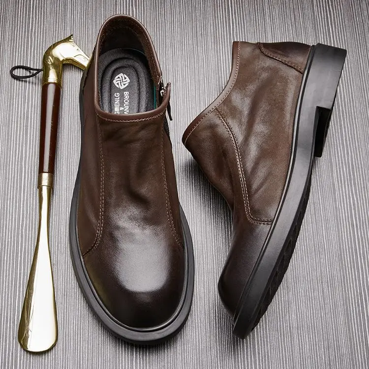 

Мужские кожаные туфли, мягкая подошва, низкие берцы, матовые, деловые, в британском стиле ретро, повседневная обувь на молнии