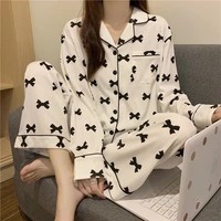 houzhou pajamas for teen girls bow print pijamas two piece set summer autumn clothes lounge wear kawaii pyjamas sleepwear cute