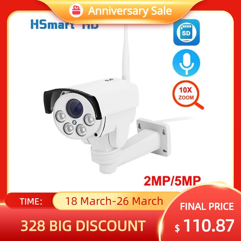 

5MP Outdoor Wifi IP PTZ Bullet Camera 10X Optical Zoom Wireless Mic Audio CCTV Camera P2P IR Night Onvif 128G Card