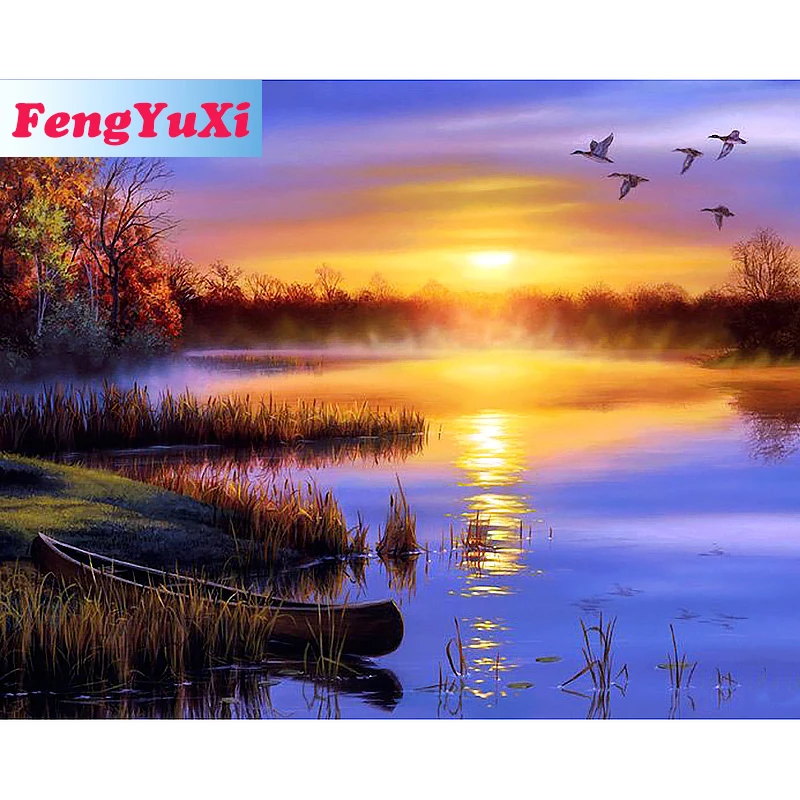 

FengYuXi 5D DIY квадратная/круглая алмазная живопись, вышивка крестиком, маленькое озеро, закат, искусственная вышивка