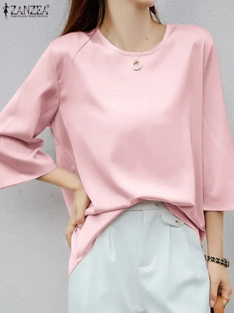 

2022 Элегантная Женская атласная блузка ZANZEA, летняя Однотонная рубашка с круглым вырезом и рукавом 3/4, Женские повседневные топы для работы, м...