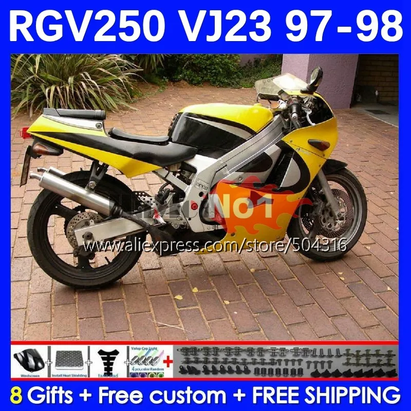 

Bodys для SUZUKI RGVT250 SAPC RGV 250 VJ23 97-98 42MC.24 RGV-250 VJ 23 RGVT-250 RGV250 97 98 1997 1998 комплект обтекателей, желтый запас