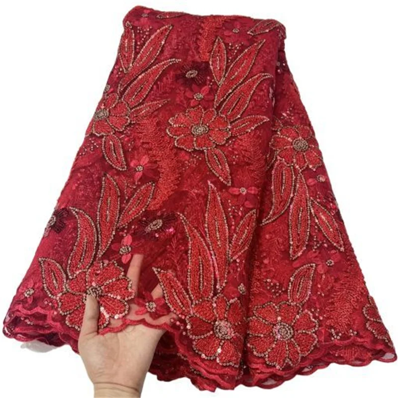 

Red Elegant Sequence African Lace Fabric 5 Yards High Quality Sequin French Tulle Lace Nigerian Wedding Asoebi Lace Material