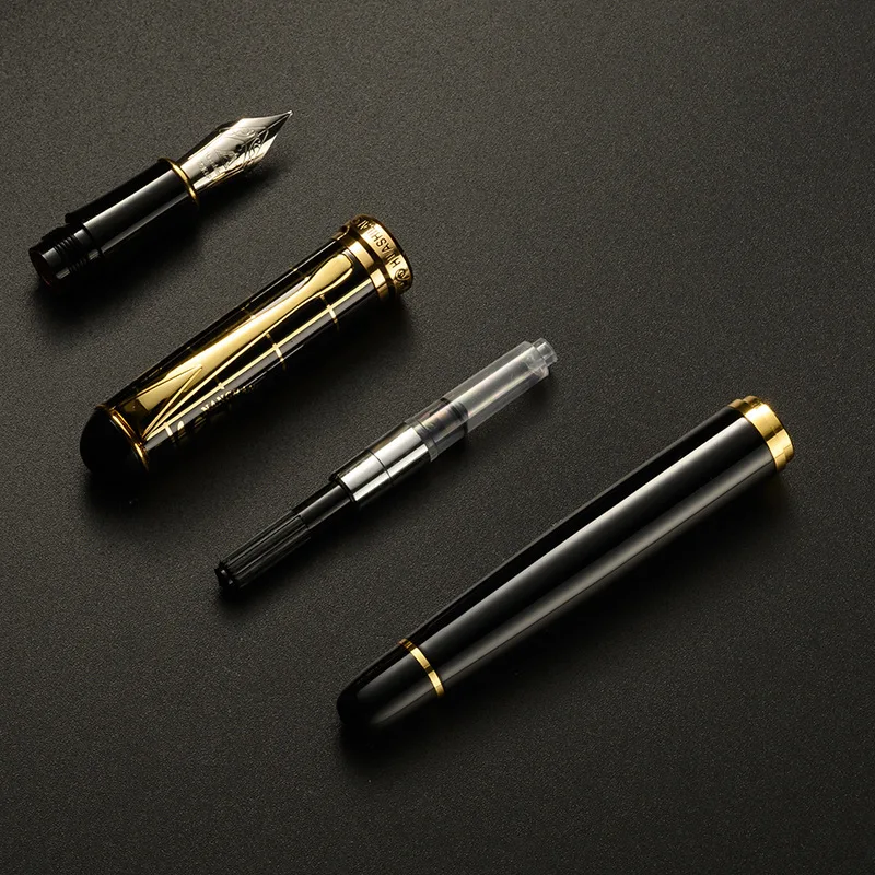 Фото Перьевая ручка HUASHILAI Black Resin 0.5 F с золотым зажимом и гравировкой, карманная, портативная, для практики каллиграфии №5
