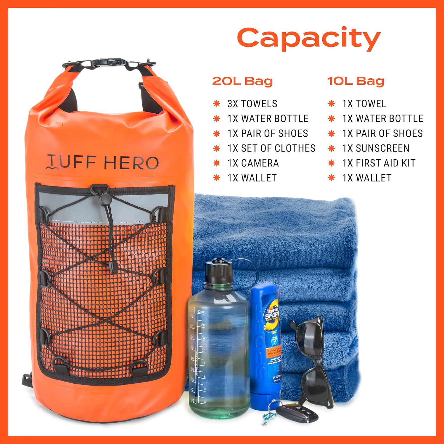 Waterproof Dry Bag Backpack with Phone Pouch and Carrying Straps, 10, 20 Litres