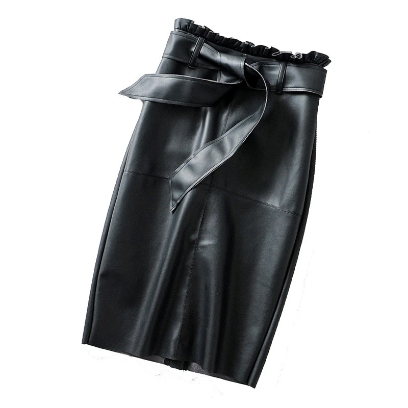 

Autumn Black PU Leather Mid Calf Pencil Skirts Waist Bowknot Sweet Faux Leather Back Split OL Tube Skirts