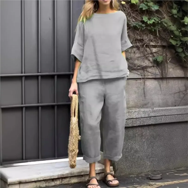 Весенне-осенний хлопковый льняной костюм с рукавом семь четвертей женская