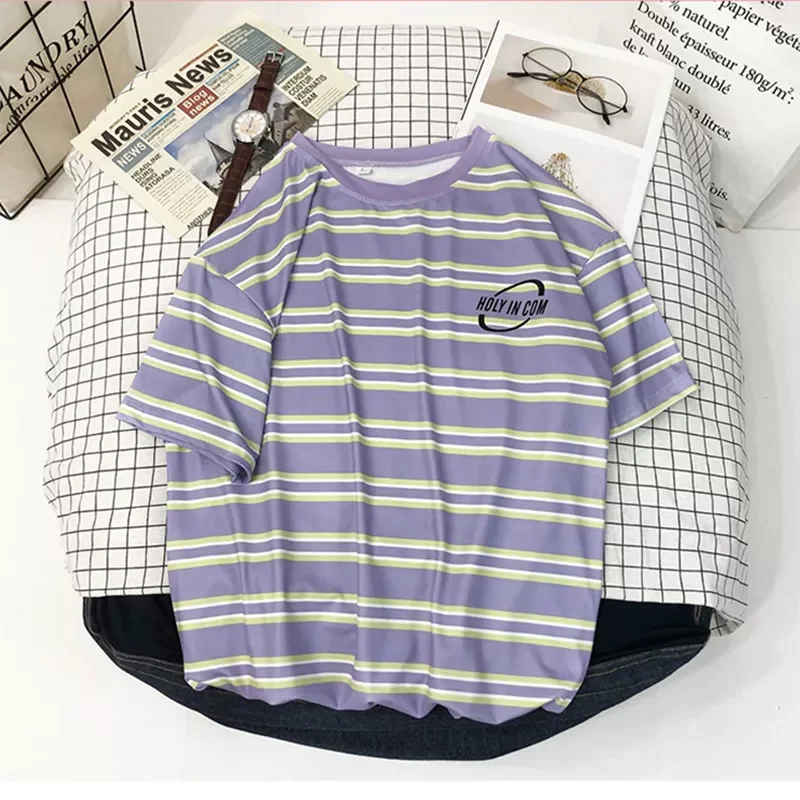 

2023New Stripe Couples Tshirt Loose Vintage Korean Version Unisex Clothes Youthful Vitality Clothes Hot Sale Hip Hop Streetwear