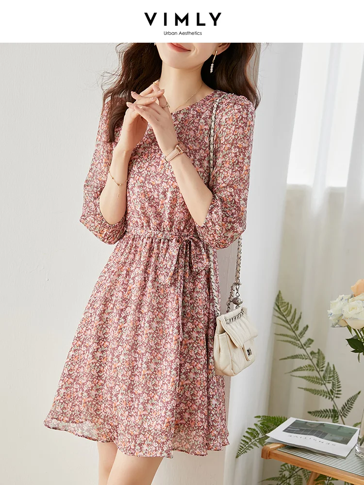 

Vimly French Vintage Floral Chiffon Dresses for Women 2023 Spring and Summer Elegant New Elastic Waist Lace-up O Neck Mini Dress