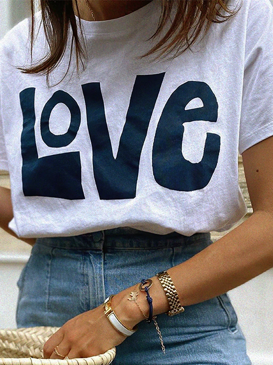 

Love Printed Tshirts Summer Elegant Women Round Neck Short Sleeve Organic Cotton Tee Shirt Femme Retro Casual Tshirt Tops