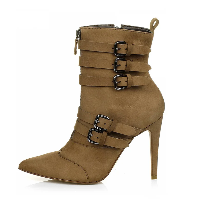 

New Pointed Toe Ladies Sexy Nude Boots Stiletto/Side Zip/Belt Buckle/Brown/Black Suede Metal Embellished Buckle Booties