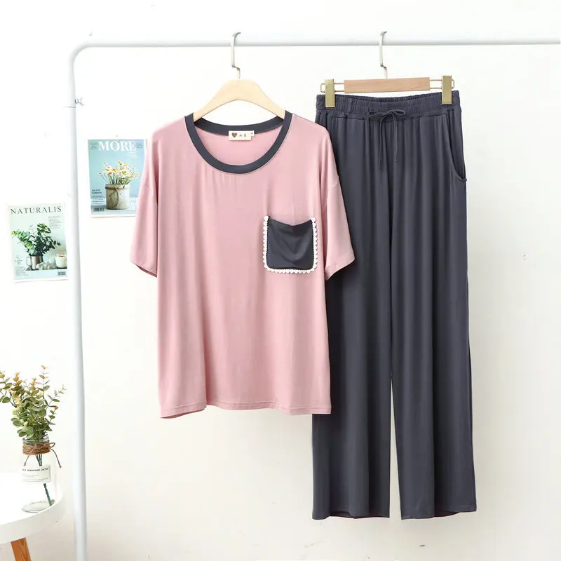 Fdfklak Modal Pajamas Sets Women Long-Sleeved Home Clothing Ladies Pyjama Lingeries Summer Splicing Sleepwear Suits