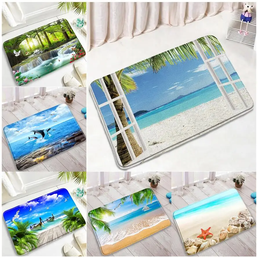 

Пляжные дверные коврики с пальмами, морская звезда, ракушка, дельфин, лес, водопад, животные, растения, ландшафт, декор для ванной комнаты, не...