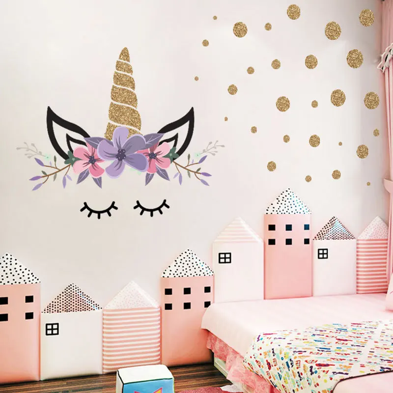 

Golden wave dot unicorn cartoon wall stickers for children's room bedroom wall stickers home decor living room Can be removed