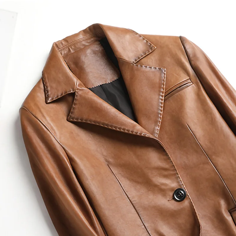 2022 Autumn New Leather Jackets Women Real Sheepskin Blazer Solid V-Neck Long Sleeve Coats CL4024