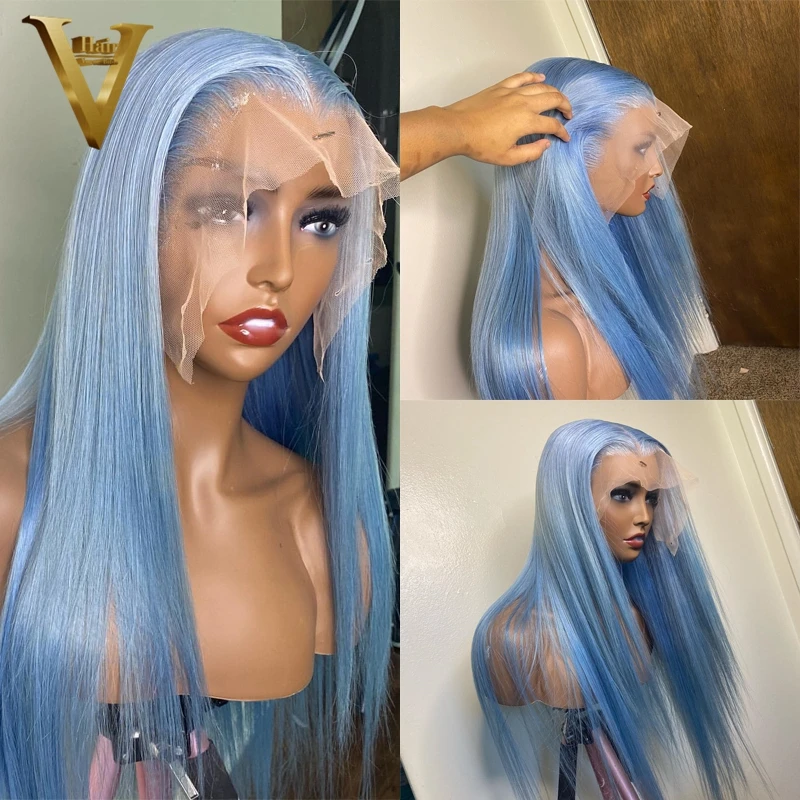 Парик женский прямой из натуральных волос светло-голубого цвета 30 дюймов 13x4