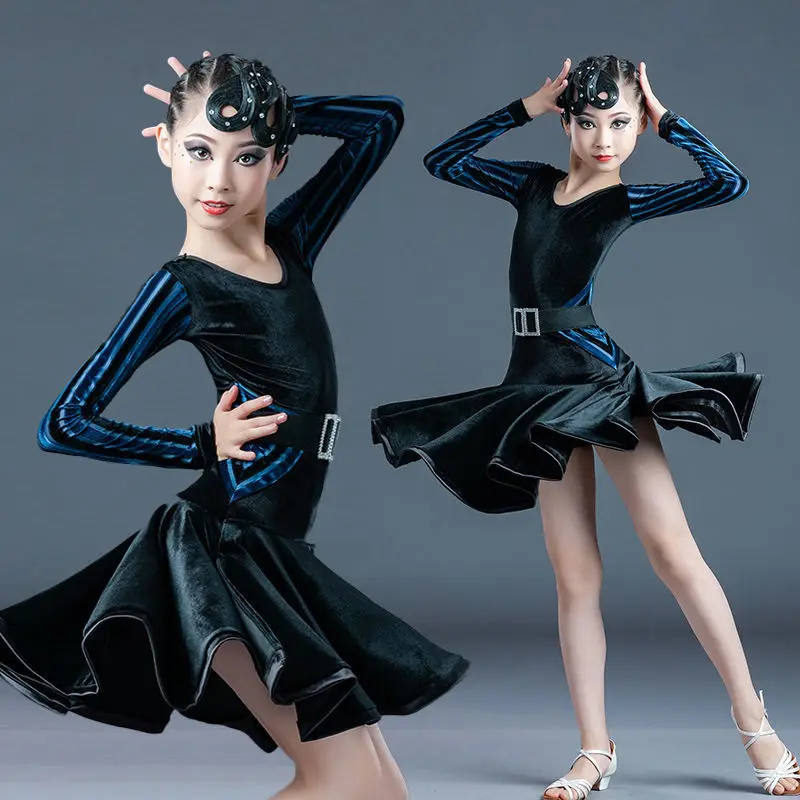 

Kids Velvet Latin Dance Dress Girls Child Competition Ballroom Tango Salsa Dancewear Practice Dancing Wear Cha Cha with Belt A40