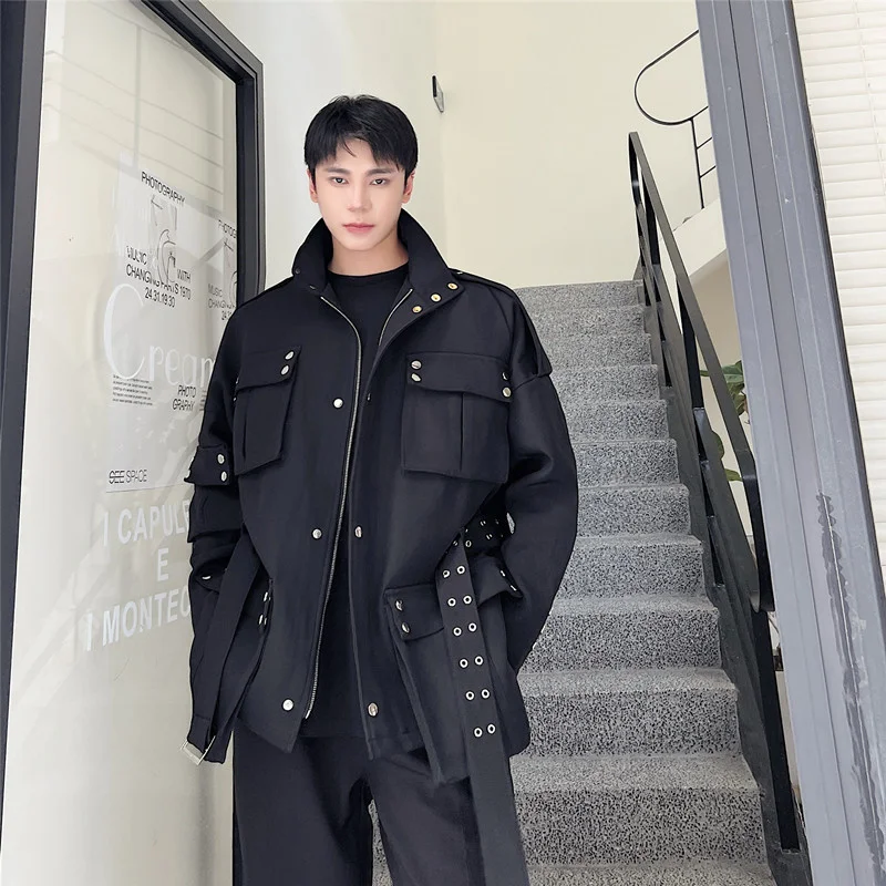 

Coat New Casual Men's Darkwear Riveted Jacket Fashion 2023 Autumn Winter Pocket Solid Color Male Tops With Belt 2A6923