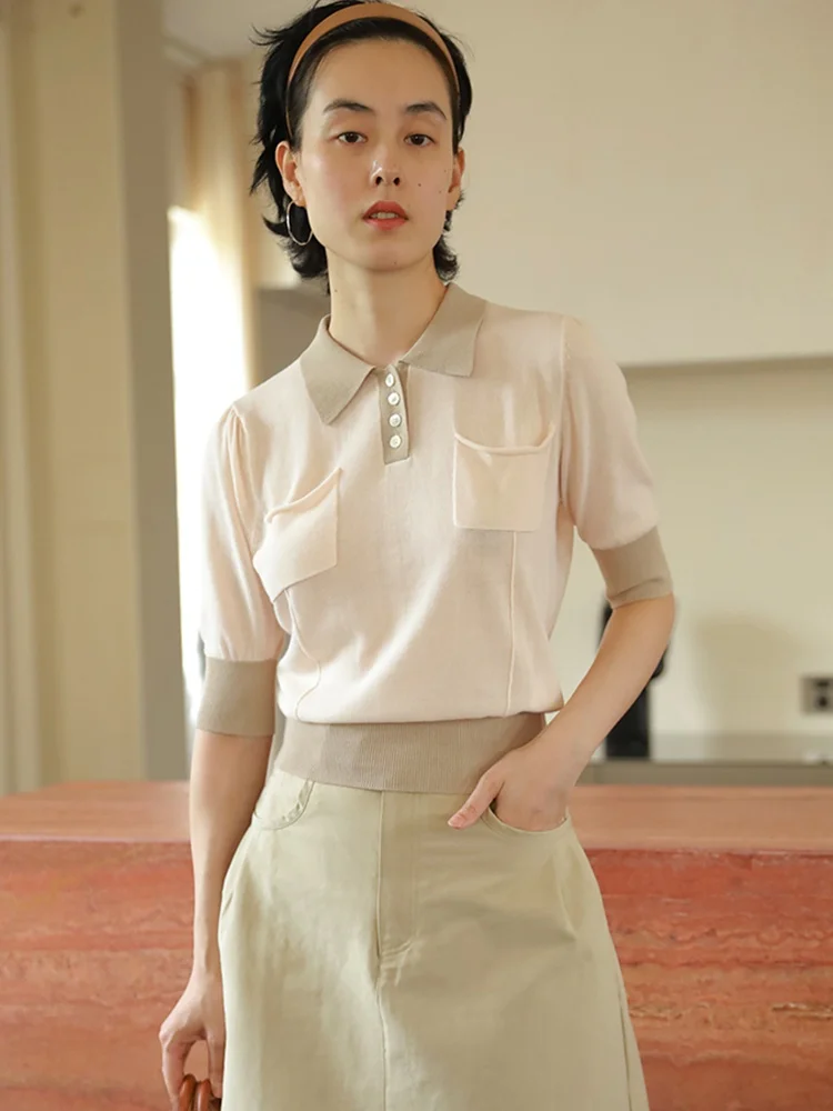 Studiofun Contrast Color Polo Sweater Women Spring and Summer Thin Pure Cotton Short Five-Point Short sleeve Overfit t-shirt Top
