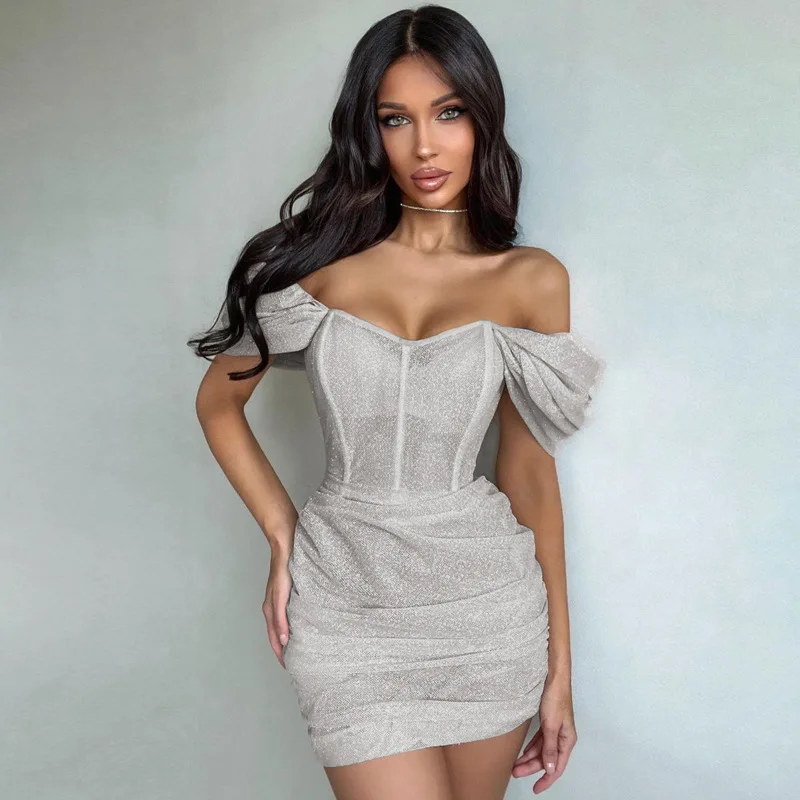 

Spring Summer Sexy Short Dresses New Above Knee Short Puff Sleeve Women One-Shoulder Drape Sleeve Solid Color Formal Dress Lady