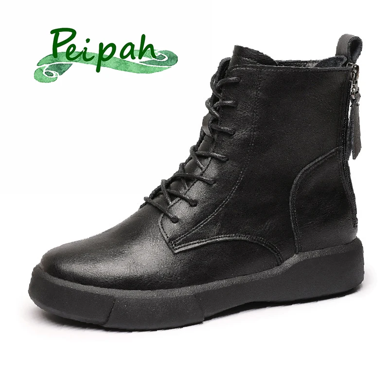 

PEIPAH Women Rubber Ankle Boots Ladies Genuine Leather Shoes for Women Flat With Fur Short Plush Boots Female Retro Casual Shoes