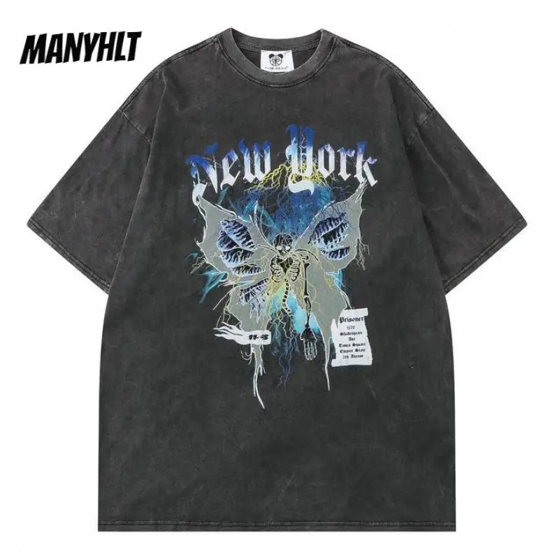 

Hip Hop Distressed T-shirt Streetwear Butterfly Skull Skeleton Print Punk Rock Gothic Tee Shirts 2022 Men Cotton Loose Tshirt