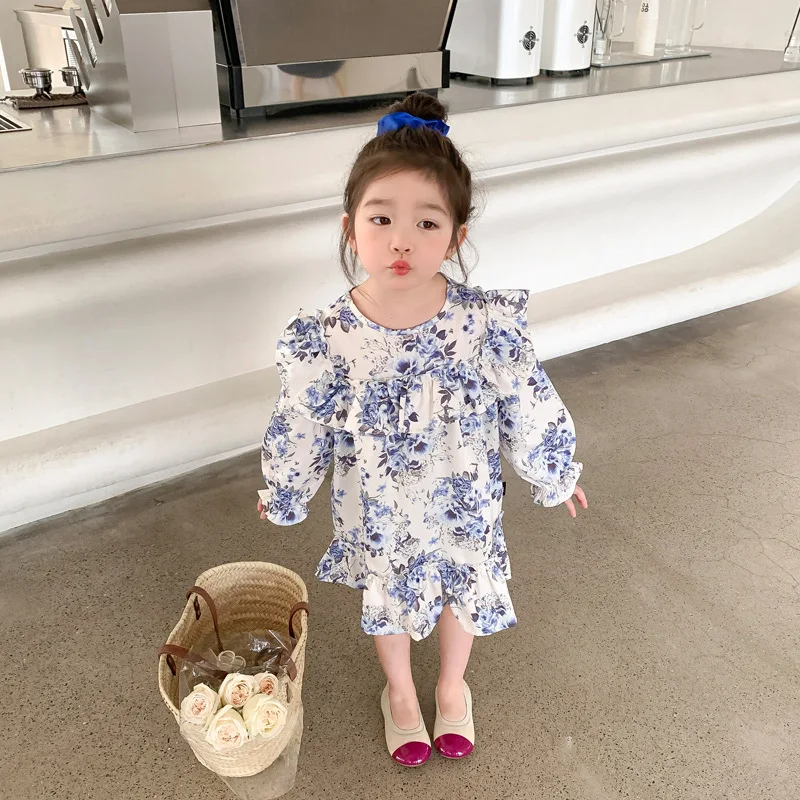 

4832B Children Clothes Girl's Dress 2023 Spring Autumn New Korean Girl's Dress Lace Blue Flower Sweet Dress