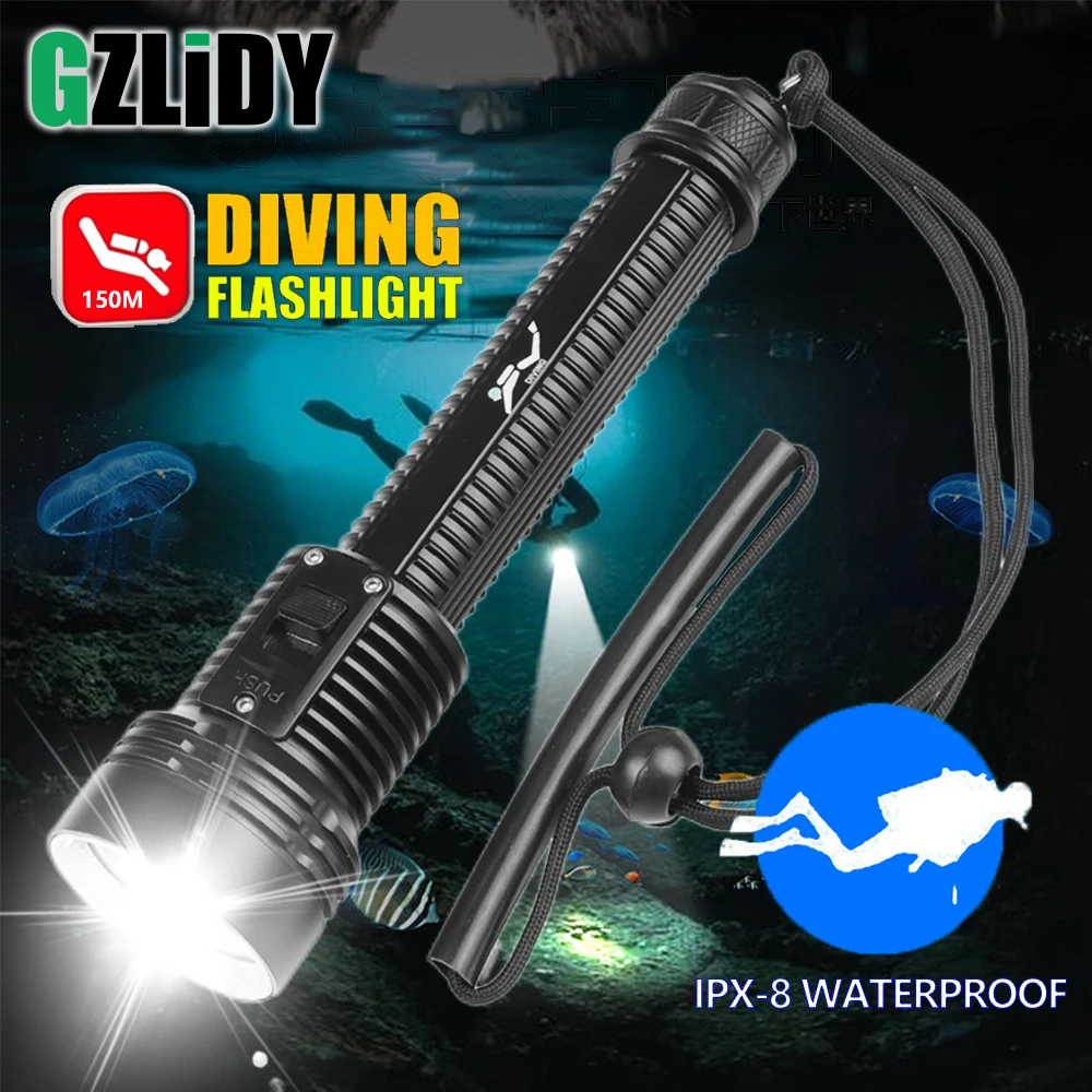 Linterna LED de buceo profesional, resistente al agua IPX8, 3 modos, 150M, superbrillante, 18650