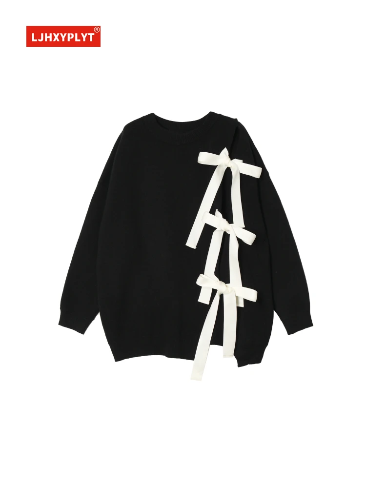 

Bowknot Black Long-sleeved Knit Sweater Women's Spring And Autumn Design Split Loose Outer Wear Knitted Pullover Top Female