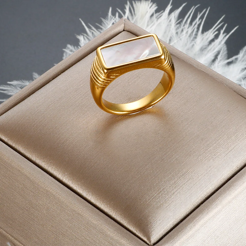 

Stainless Steel Natural Shell Ring for Women Girl Fashion Square 18 K Gold Plated Wholesales Trendy Jewelry Accessories Gift
