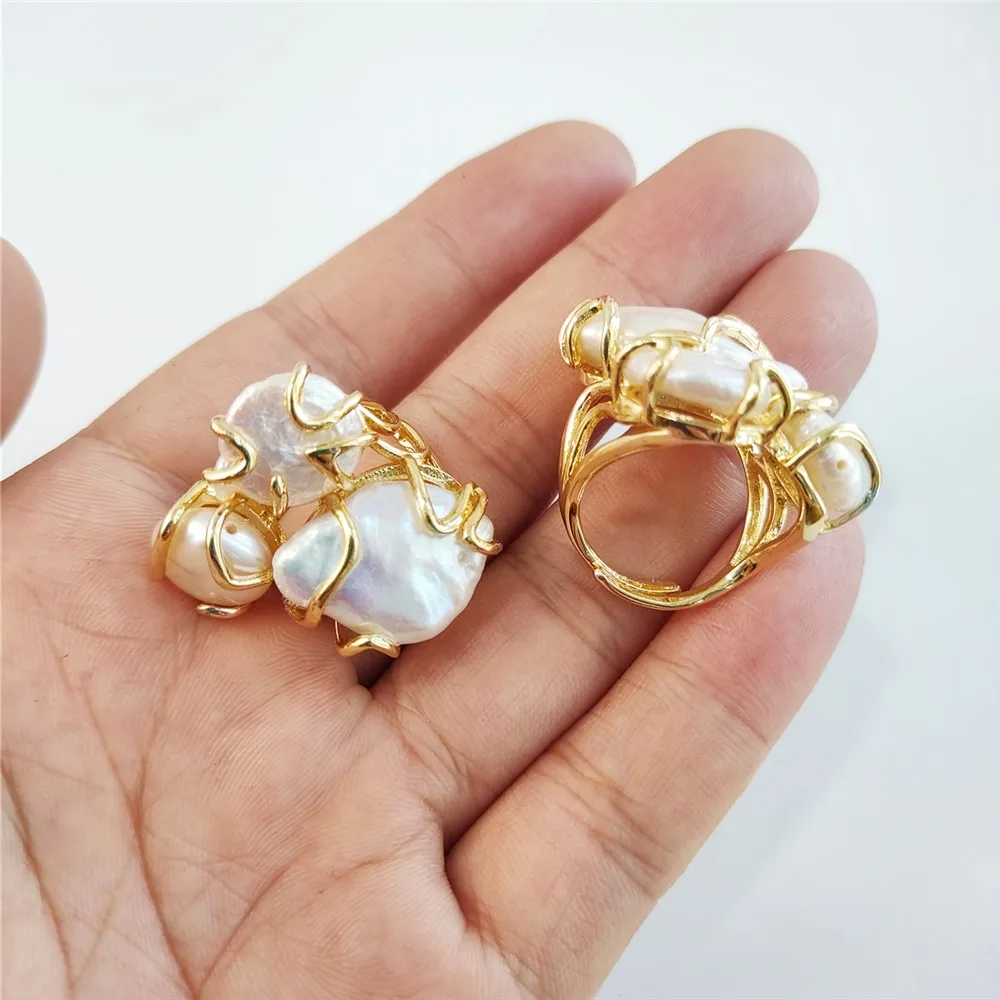 1 шт. великолепное кольцо с натуральным жемчугом FUWO покрытое золотом три камня