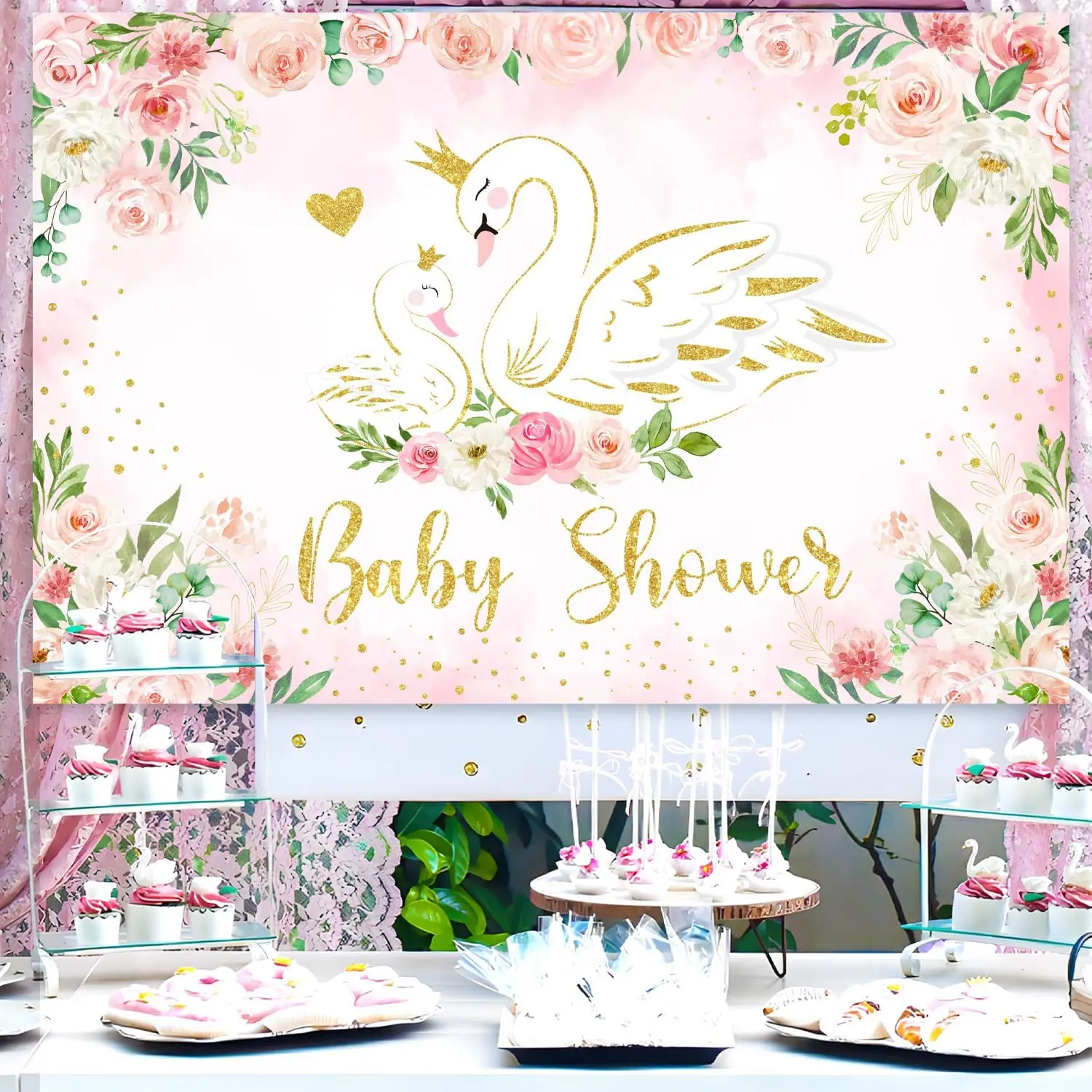 Sursurprise 5x3 фута Белый лебедь розовый цветочный фон детский душ фотография для